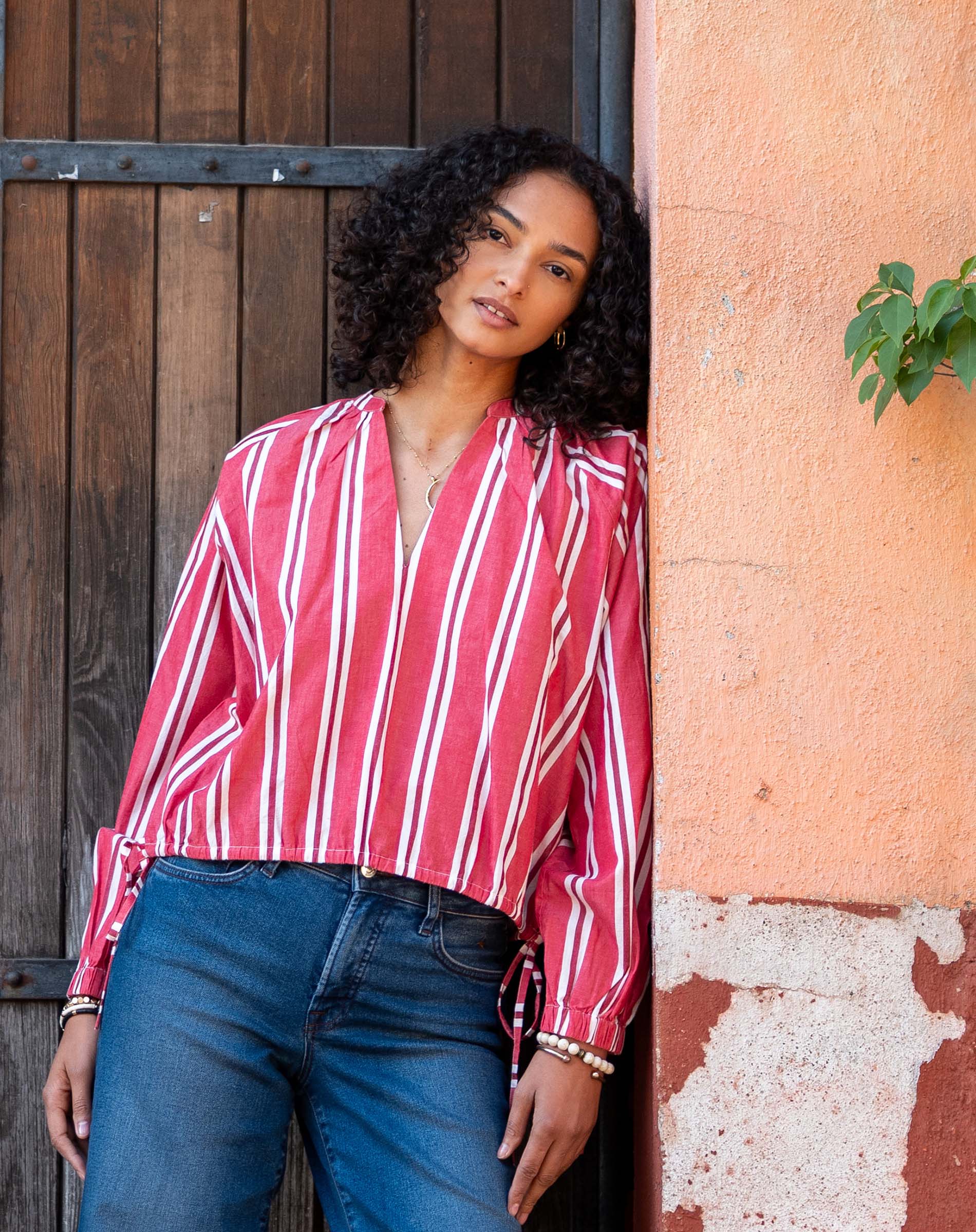 Women's Red Striped Long Sleeve Blouse