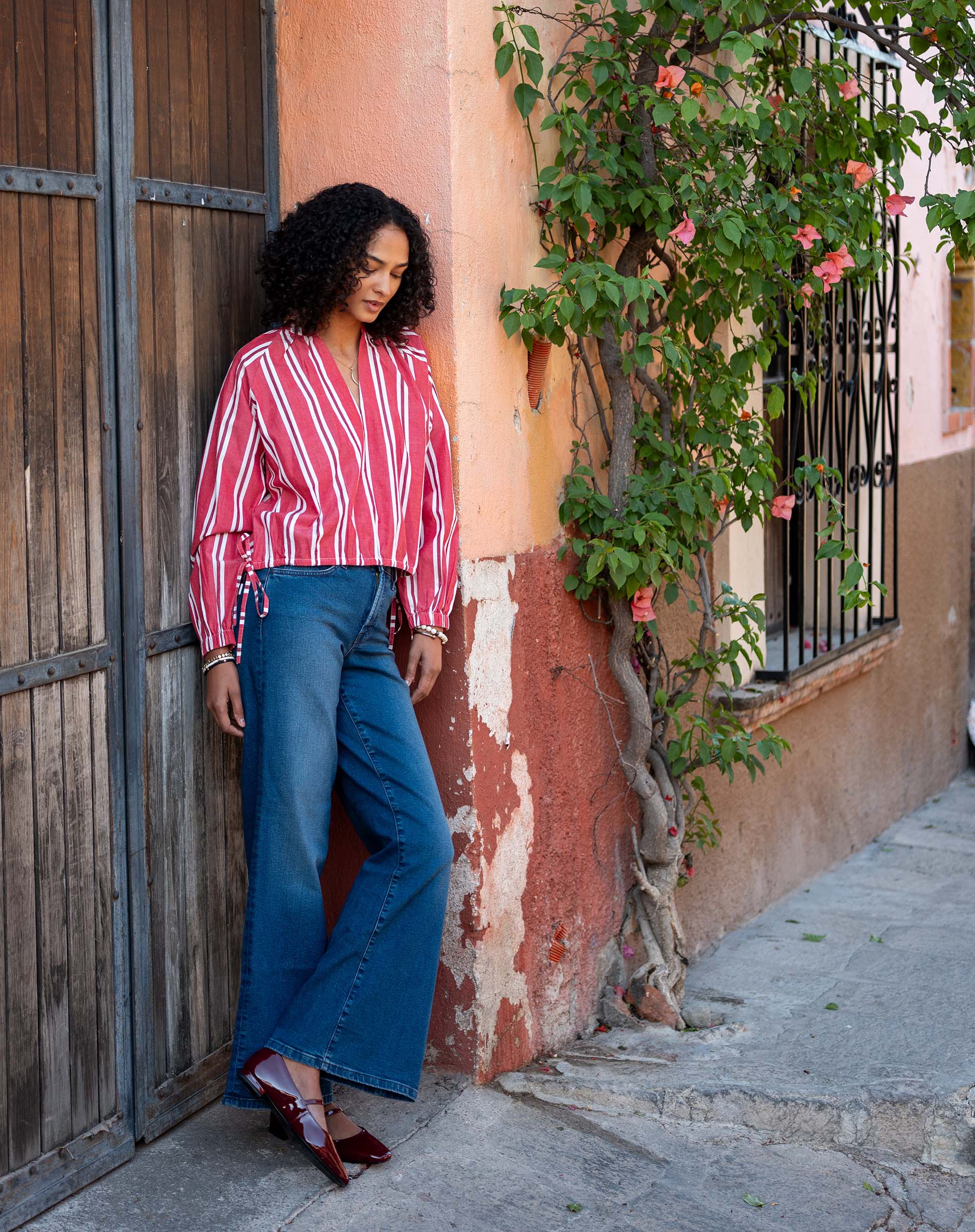 Women's Red Striped Long Sleeve Blouse