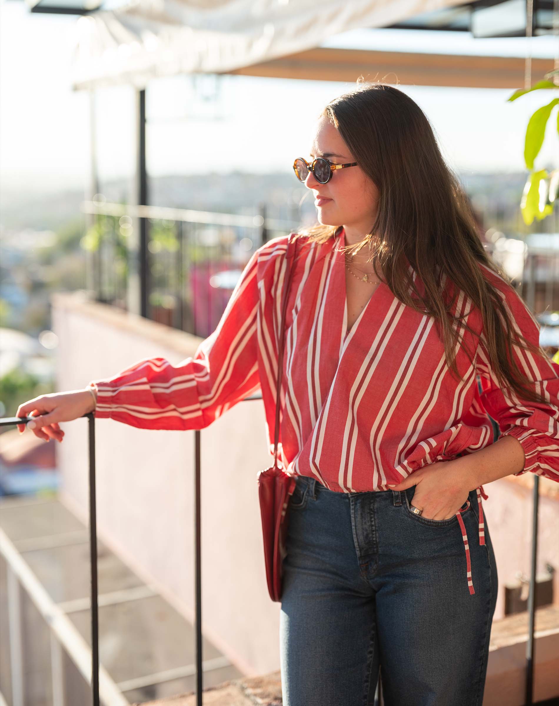 Women's Red Striped Long Sleeve Blouse