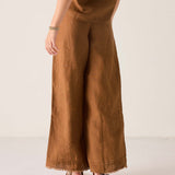 Brown wide-leg pants worn by a person on a white background