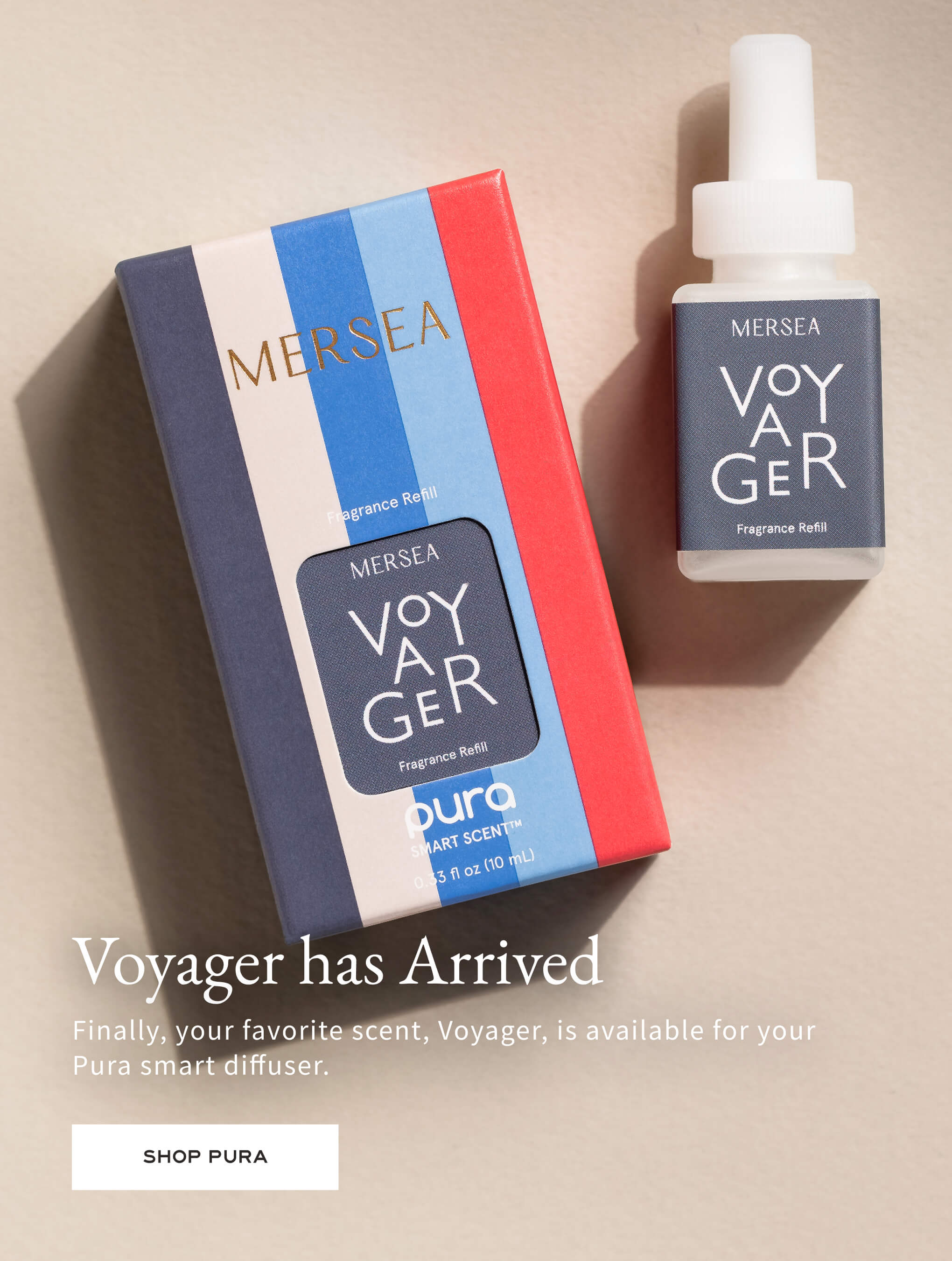 Mersea Voyager fragrance bottle and packaging on a beige background