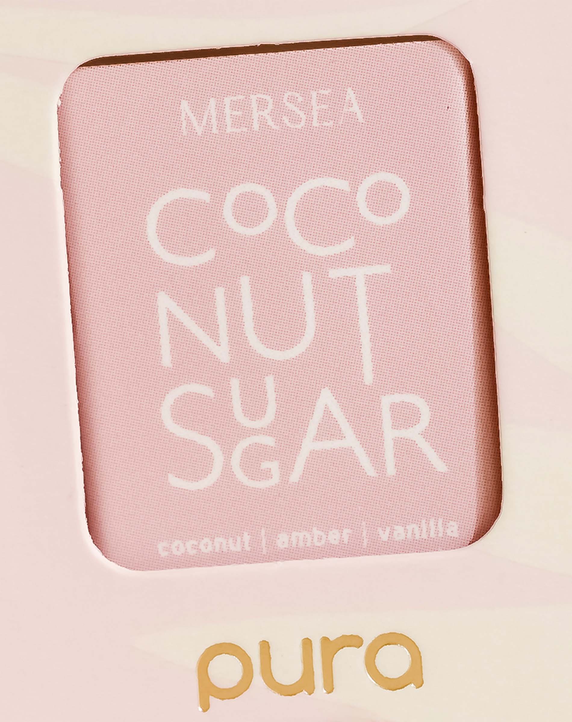 closeup of coconut sugar logo on boxed pura smart vial of mersea coconut sugar scent 