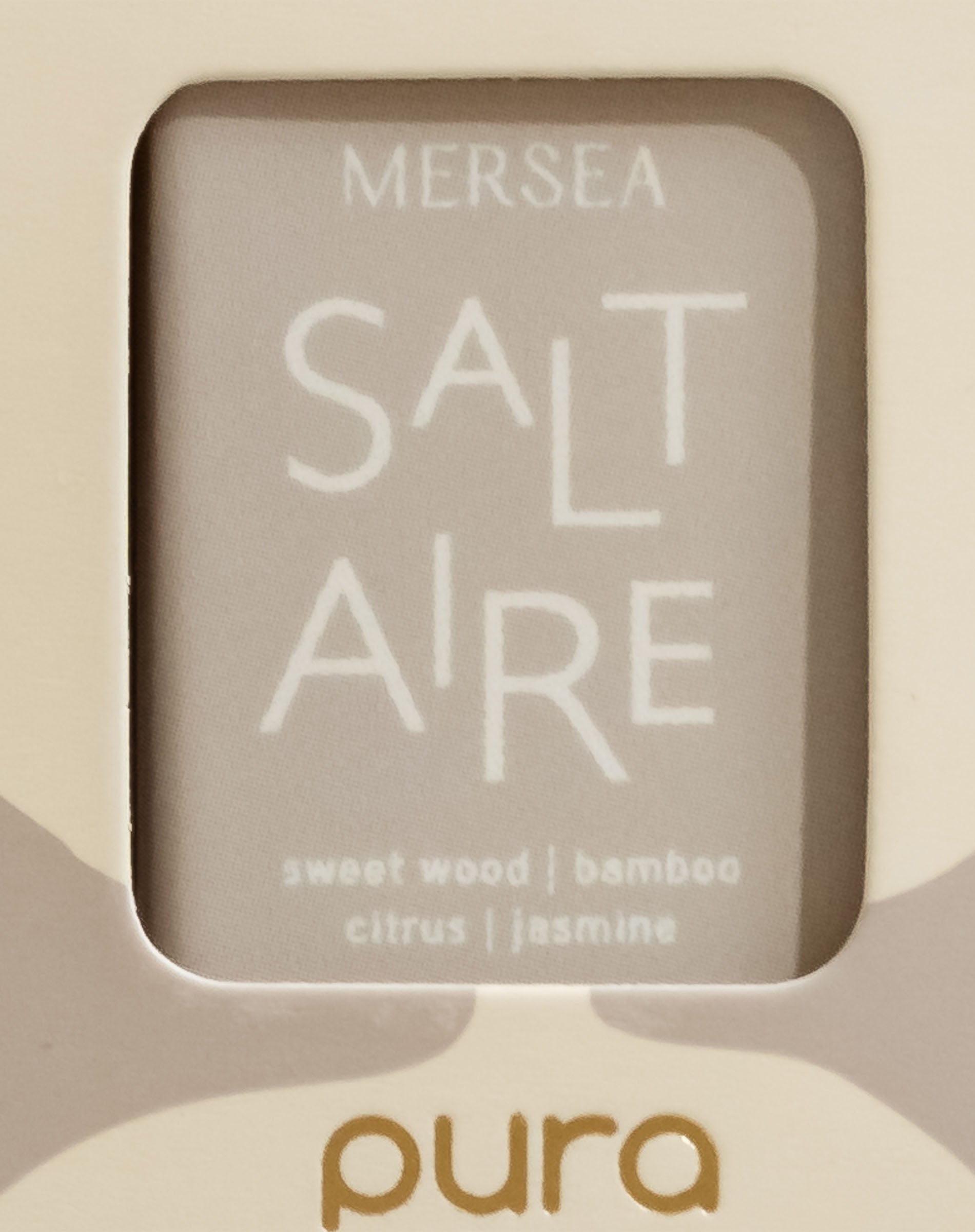 closeup of saltaire logo on boxed pura smart vial of mersea saltaire scent
