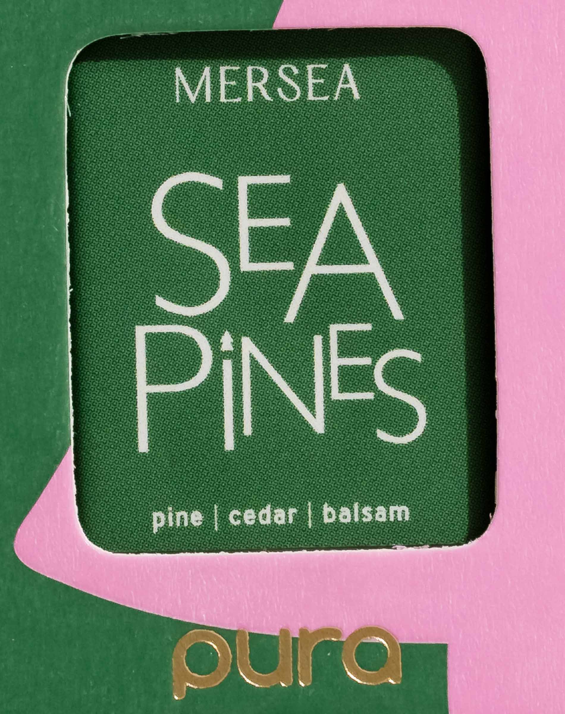 closeup of sea pines logo on boxed pura smart vial of mersea sea pines scent