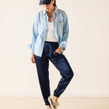 Navy satin jogger pants with a relaxed fit and elegant sheen.