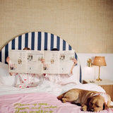 Two people in bed with a dog, reading a newspaper, in a bedroom setting.