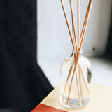 reed diffuser sitting on a book