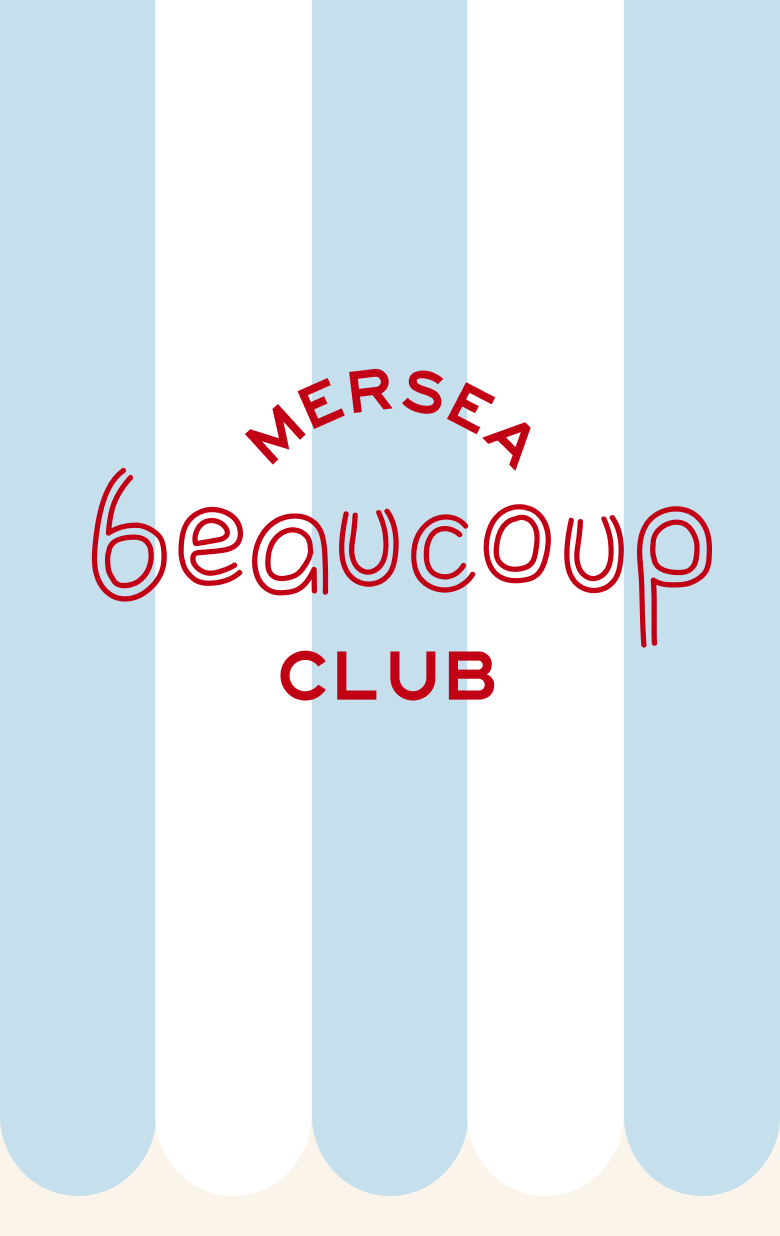Rewards program banner with light blue and white vertical stripes. Text: MERSEA beaucoup CLUB
