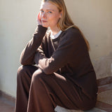 Truffle brown knit roma boyfriend cashmere sweater with a wide neckline and relaxed fit.