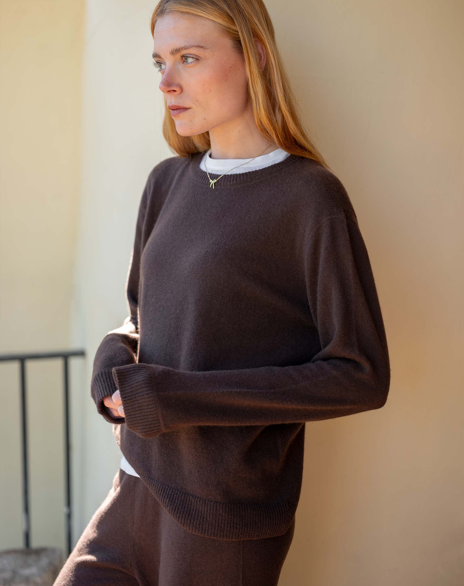 Truffle brown oversized cashmere knit boyfriend sweater.
