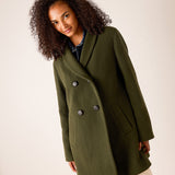 Women's travel-friendly deep olive double-breasted wool-blend coat with wide lapels and large buttons