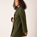 Deep olive tailored wool-blend jacket with a structured collar and front pockets.