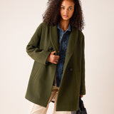 Deep olive oversized double-breasted wool-blend coat with notched lapels and large buttons.