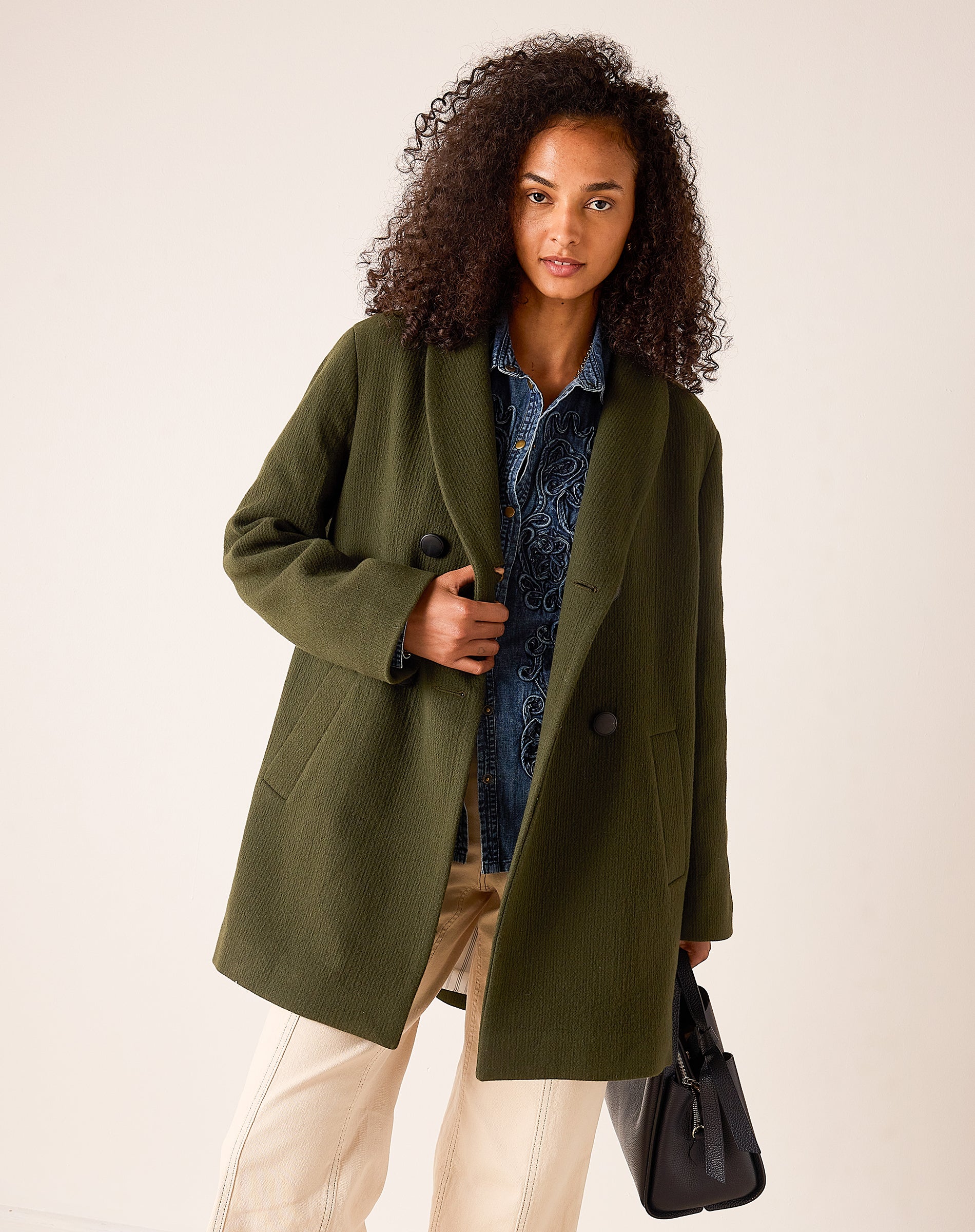 Deep olive oversized double-breasted wool-blend coat with notched lapels and large buttons.