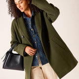 Deep olive oversized wool-blend coat with button details and large pockets.