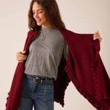 Cabernet burgundy ruffled wrap in a soft knit material.