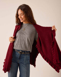 Cabernet burgundy ruffled wrap in a soft knit material.
