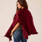 Cabernet red ruffled wrap with a soft knit finish.