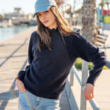 Navy knit sweater with a high neckline and ribbed texture.