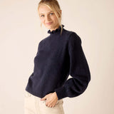 Navy knit sweater with ruffled collar and balloon sleeves
