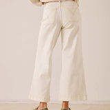 White wide-leg cropped pants made of cotton with decorative stitching on the pockets.
