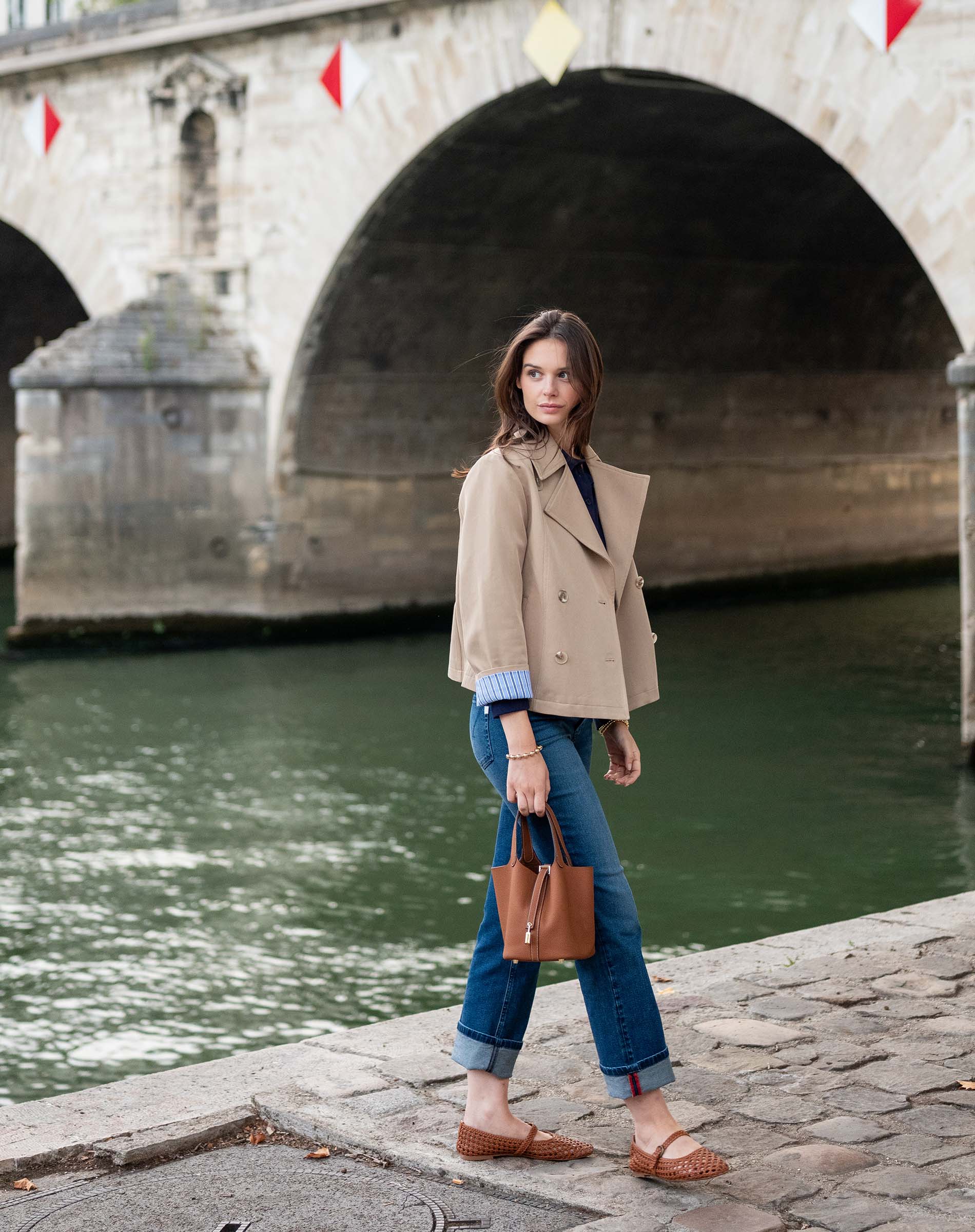 MERSEA women's travel-friendly classic khaki pea coat with wide lapels and button details.