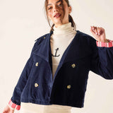 Navy blue double-breasted corduroy peacoat with gold buttons and striped cuffs.