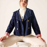 Navy blue baby cord sailor peacoat with gold buttons and red striped cuffs.