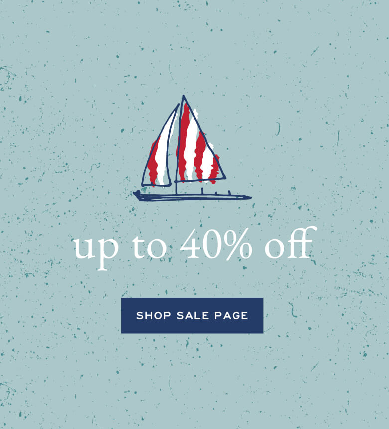 Sailboat graphic with red and white stripes and the text "up to 40% off" above a button for sale items.
