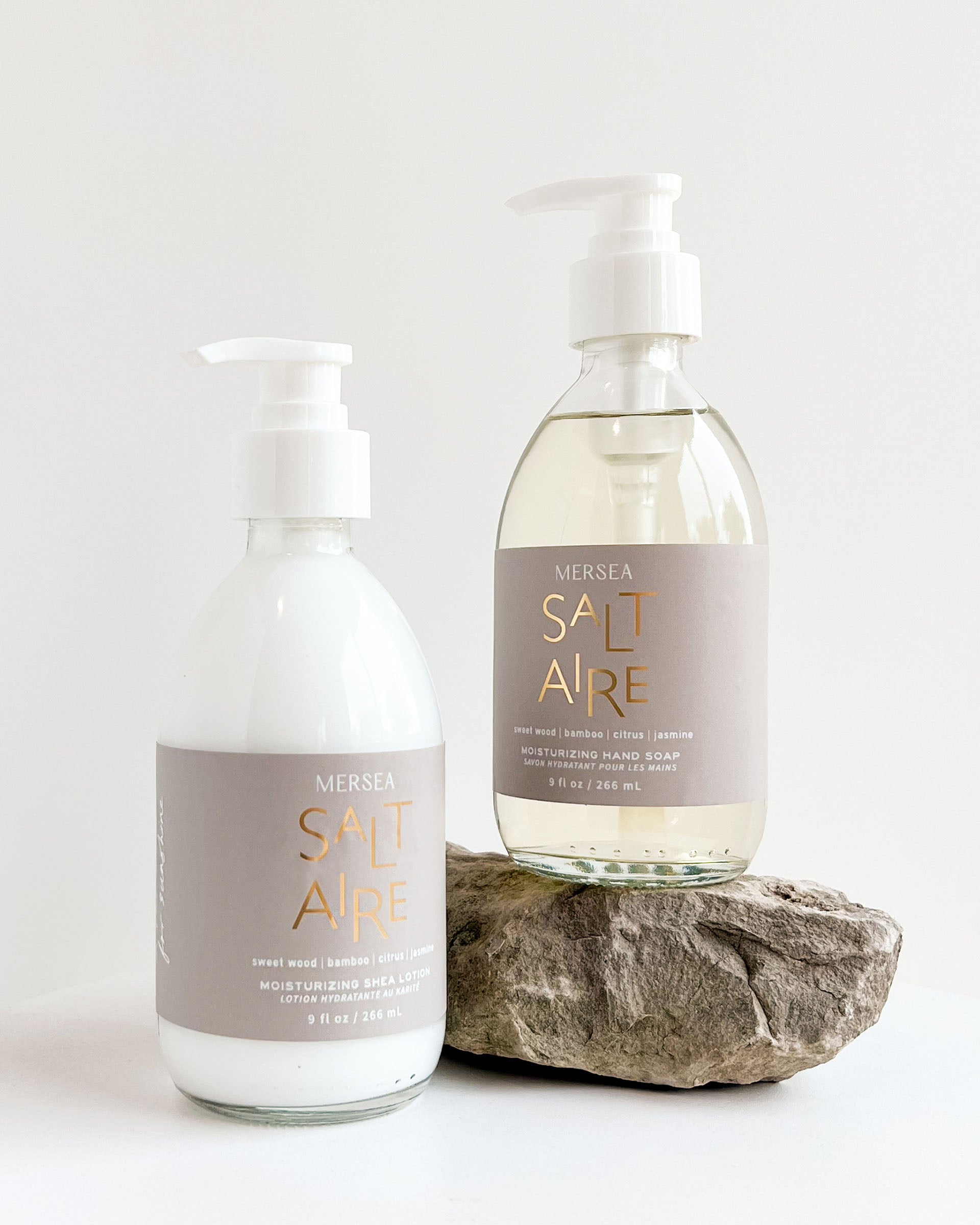 saltaire hand soap and shea lotion laying on a white background