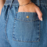 Close-up of a hand reaching into a pocket of blue jeans.