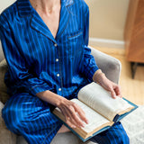 Women's Blue Striped Satin Pajama Pant Set