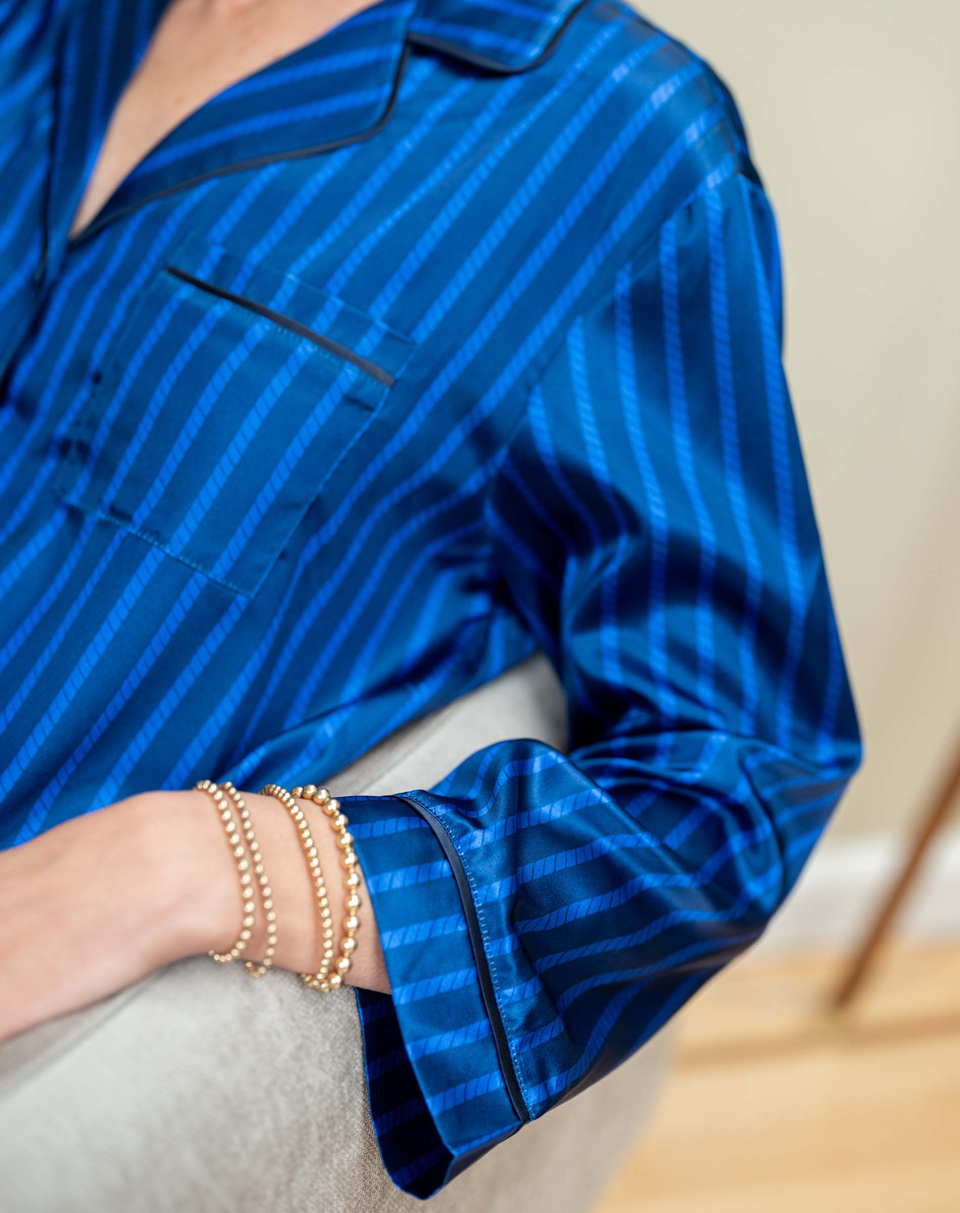 Women's Blue Striped Satin Pajama Pant Set