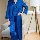 Women's Blue Striped Satin Pajama Pant Set