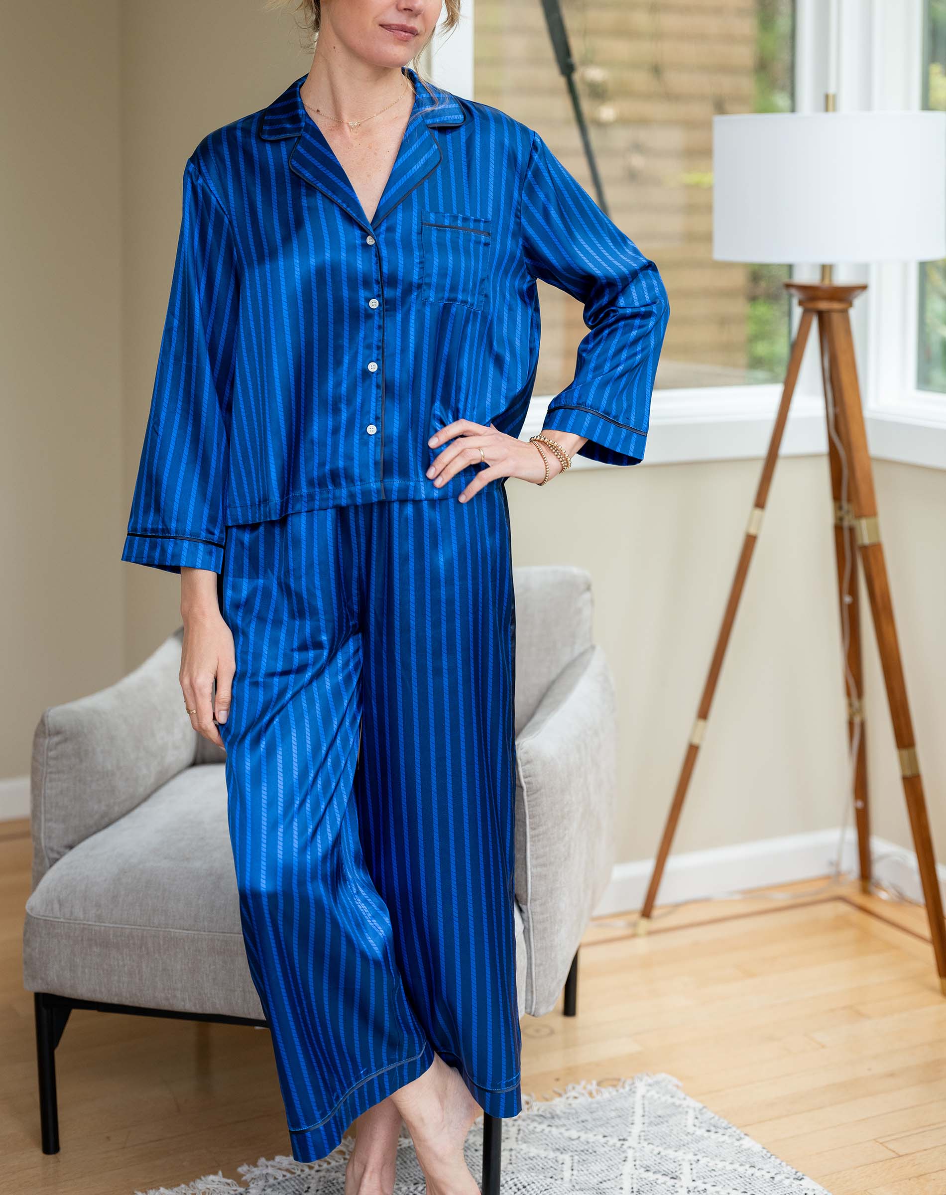 Women's Blue Striped Satin Pajama Pant Set