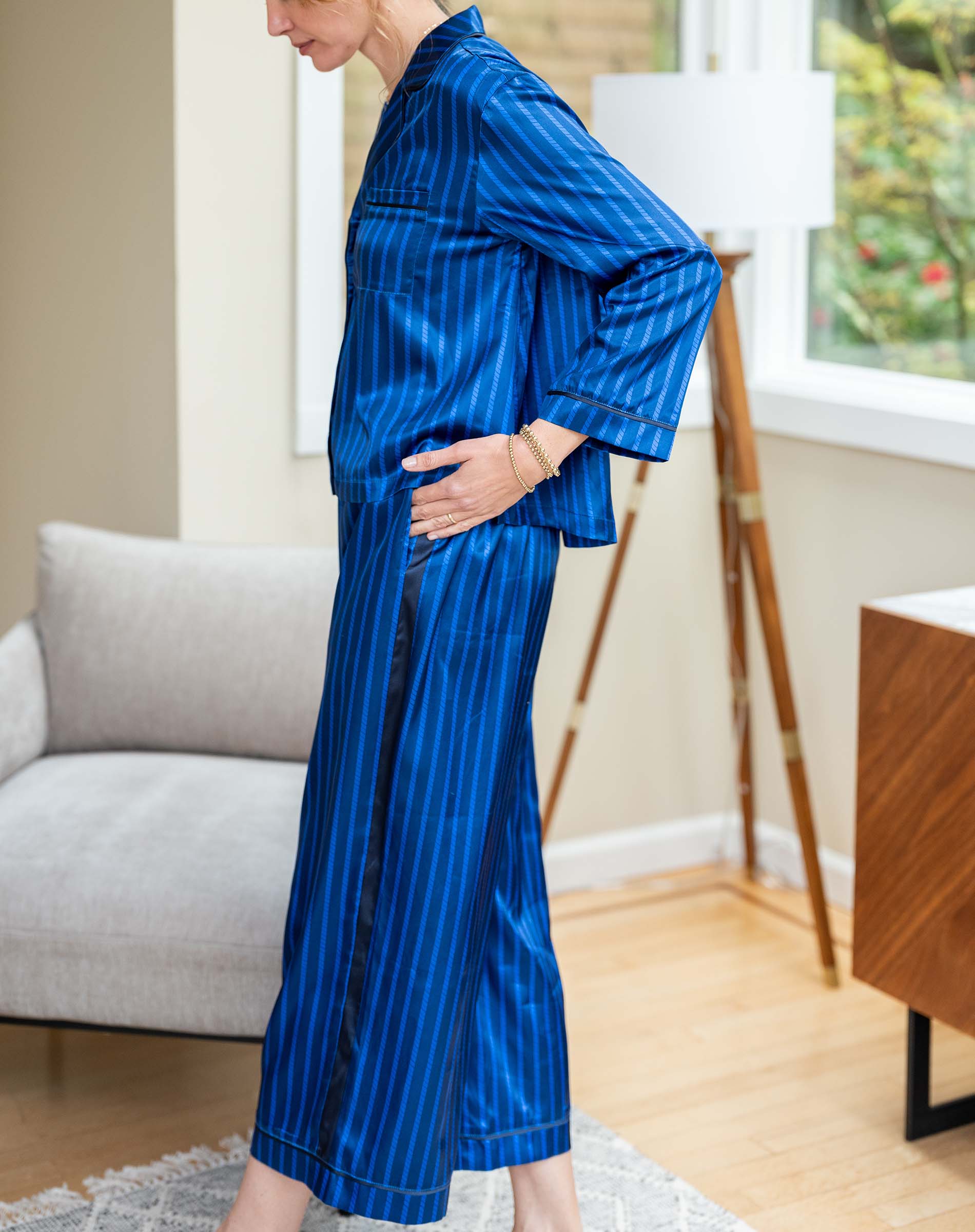 Women's Blue Striped Satin Pajama Pant Set