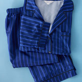 Women's Blue Striped Satin Pajama Pant Set
