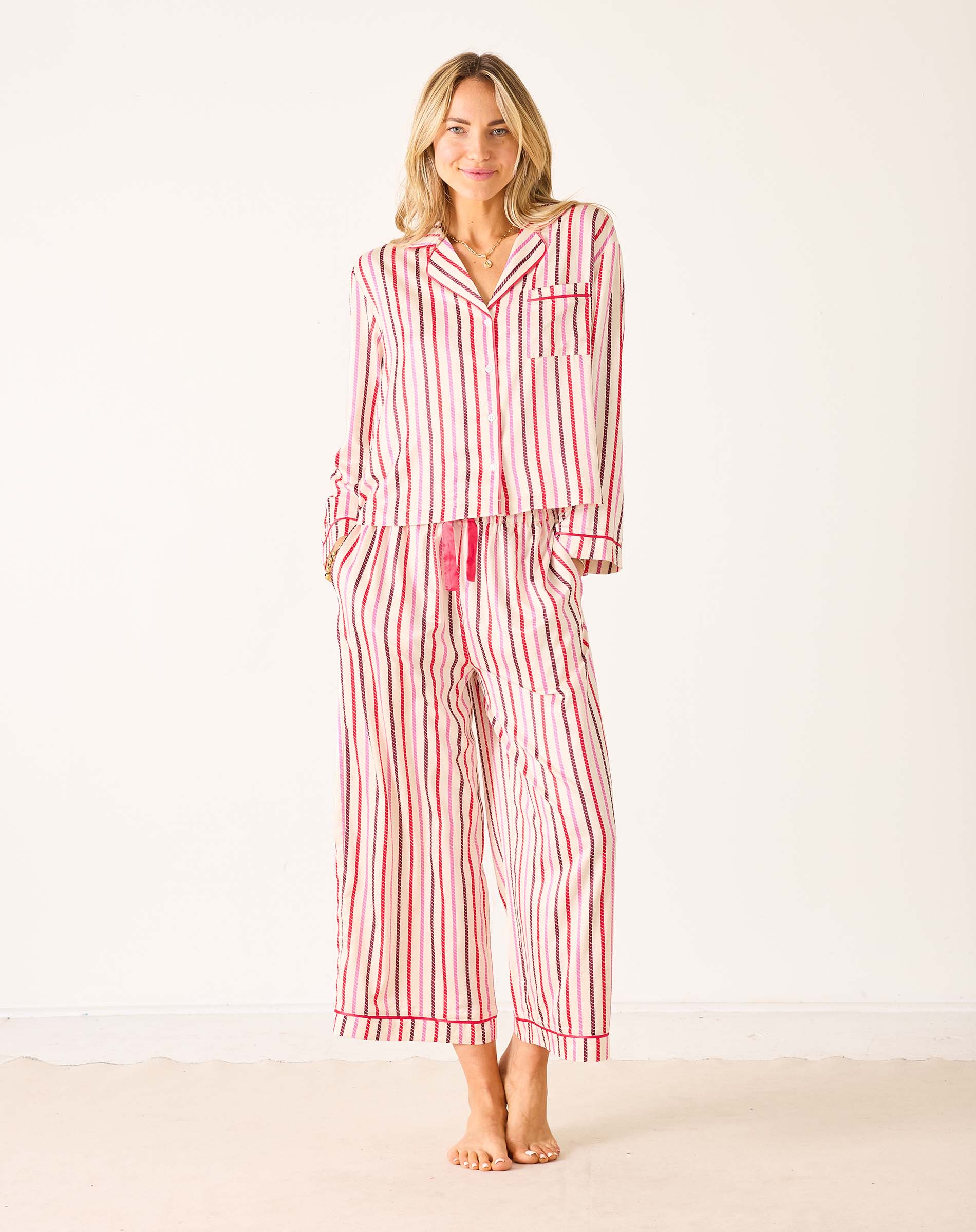 Women's Mulitcolor Striped Satin Pajama Pant Set