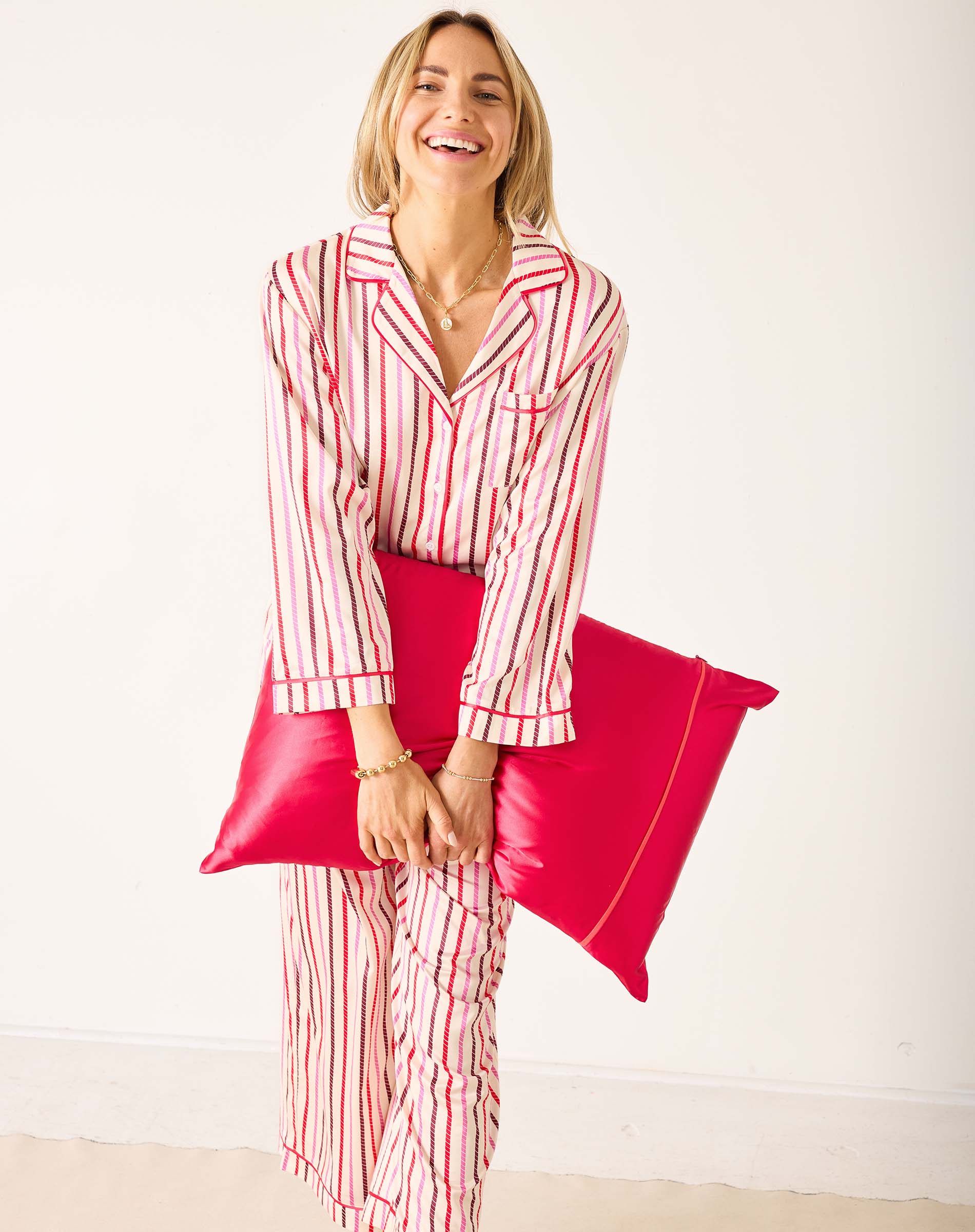 Women's Mulitcolor Striped Satin Pajama Pant Set