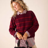 MERSEA women's travel-friendly pino red striped knit cashmere sweater with a wide ribbed hem and cuffs.