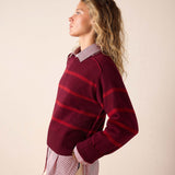 Pino red and berry horizontal stripe cashmere sweater with a layered button-down collar.
