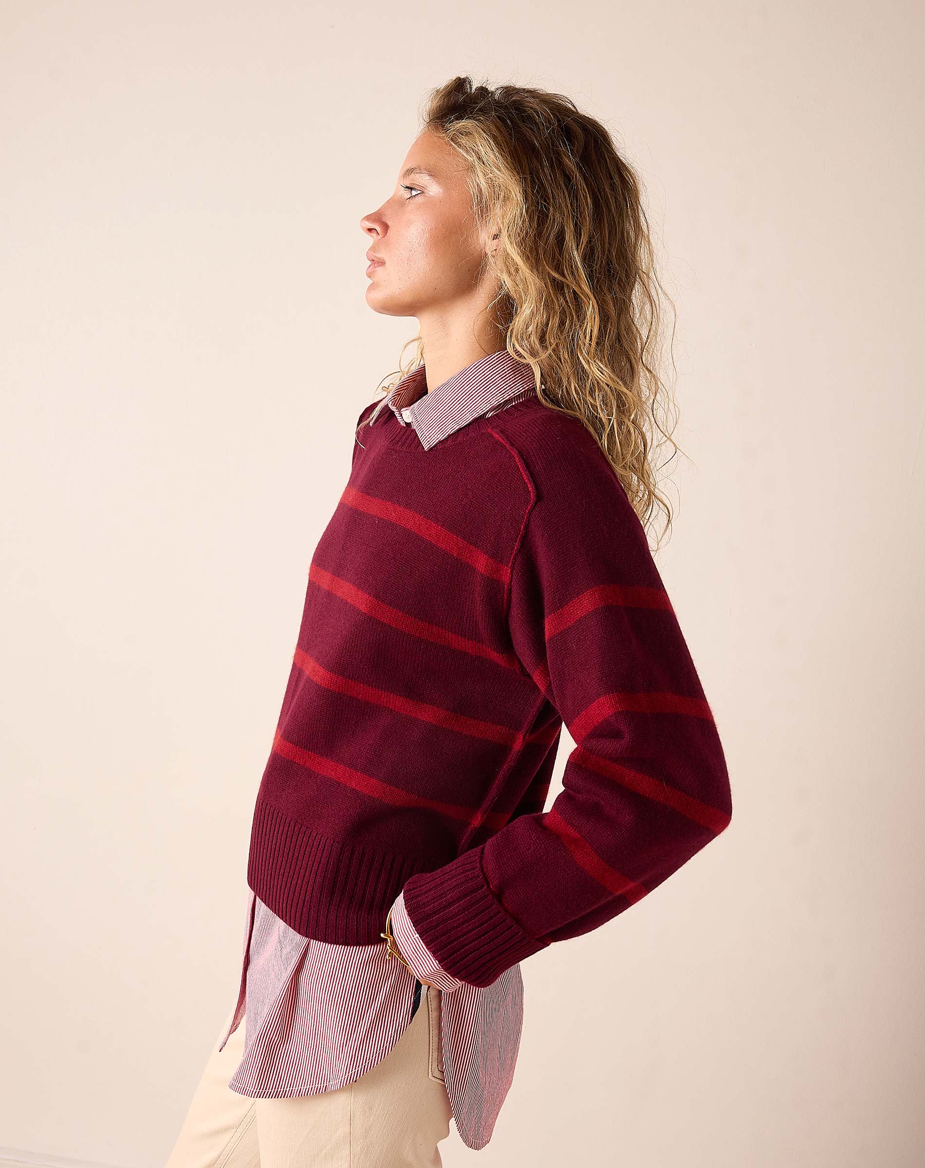 Pino red and berry horizontal stripe cashmere sweater with a layered button-down collar.