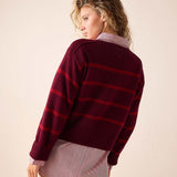 Back view of women's travel-friendly pino red striped cashmere sweater