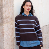 Truffle and sky striped knit sweater featuring a classic horizontal stripe pattern.