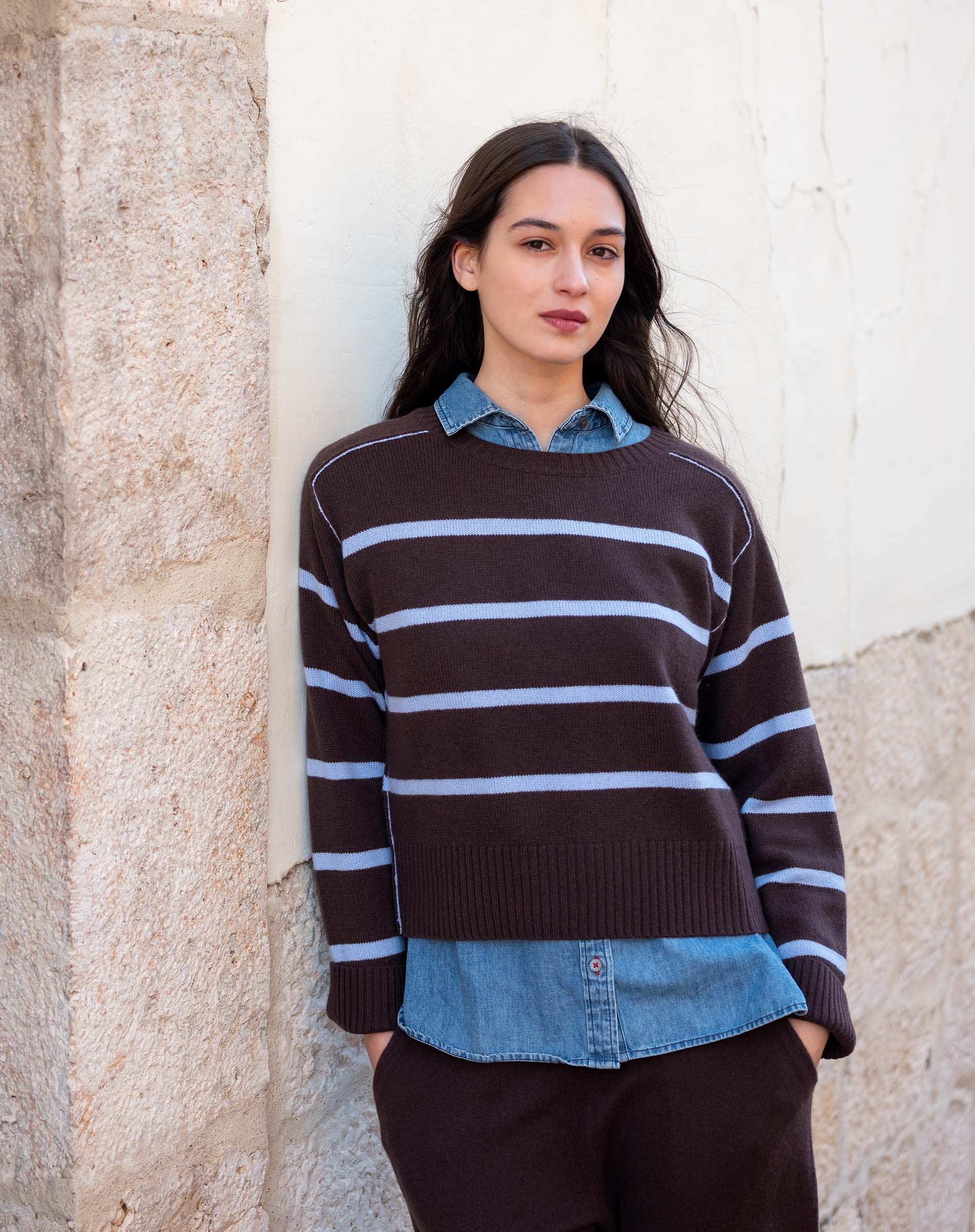Truffle and sky striped knit sweater featuring a classic horizontal stripe pattern.
