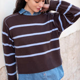Truffle and sky blue striped knit sweater with ribbed hem and cuffs.