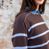 Truffle brown and sky blue striped knit sweater with white piping detail
