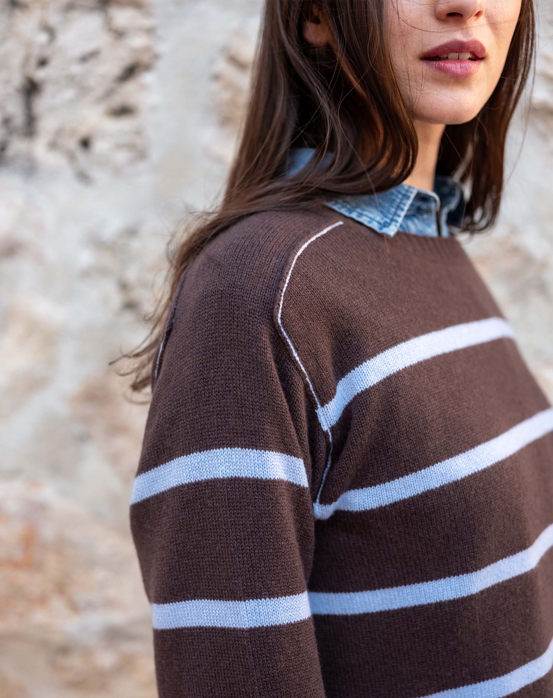 Truffle brown and sky blue striped knit sweater with white piping detail