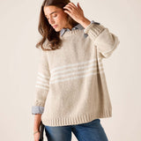 Women's travel-friendly taupe and white striped knit sweater with wide sleeves and a relaxed fit.
