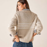 Taupe and white striped knit sweater featuring a relaxed fit with rolled sleeves.